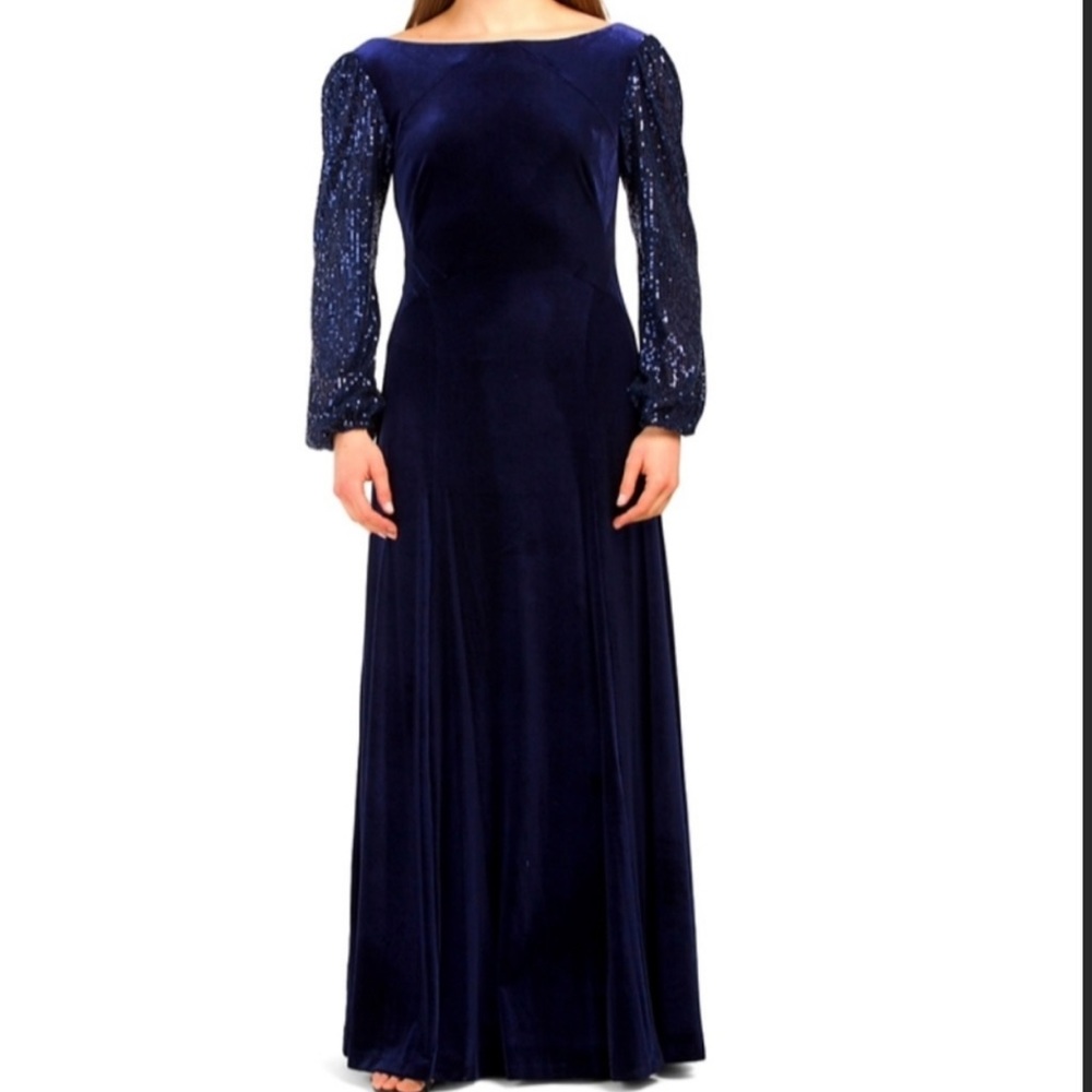 Tahari Puff Sleeve Sequined Navy Evening Gown - Size 12